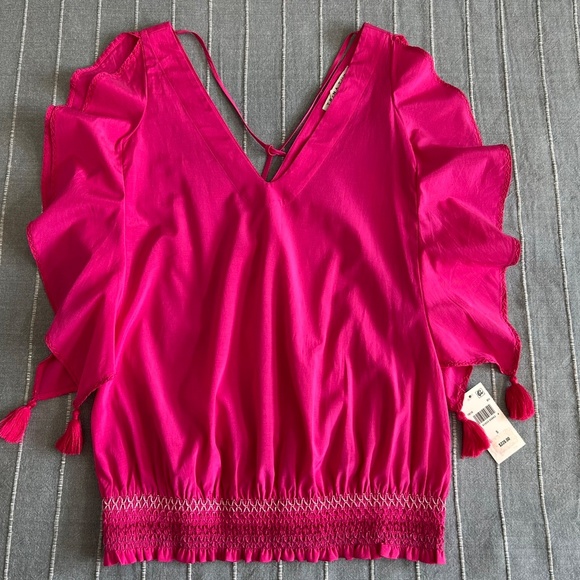 Trina Turk Bright Pink Cancun Ruffled Silk Cotton Smocked Top Sz.S New With Tags - Picture 5 of 9